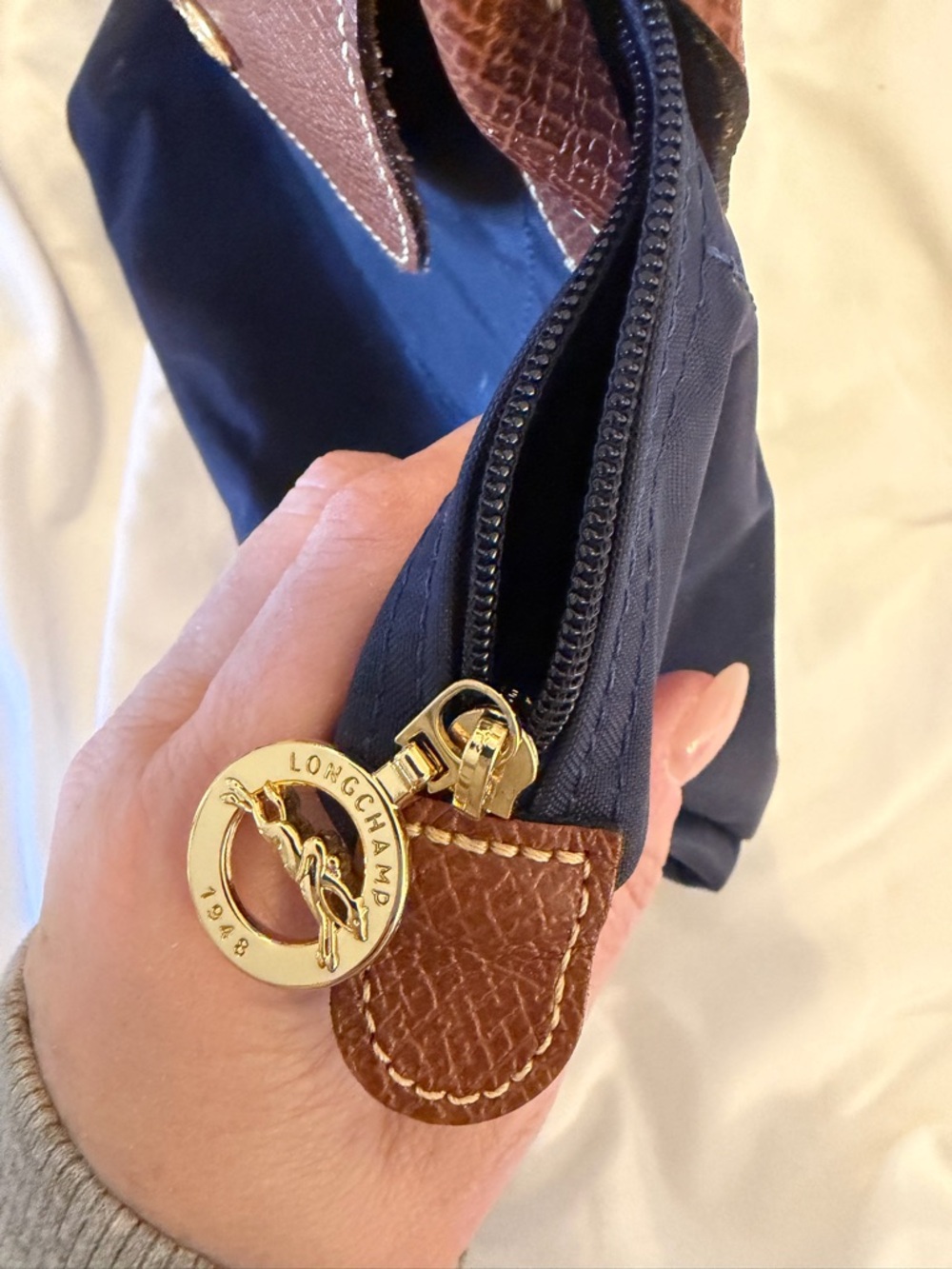 Longchamp Navy and Brown Small Le Pliage Tote - Picture 10 of 11